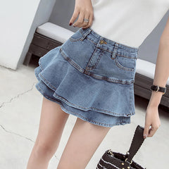 Casual Solid Ruffles High Waist Lined Denim Mini Skirts Mssza