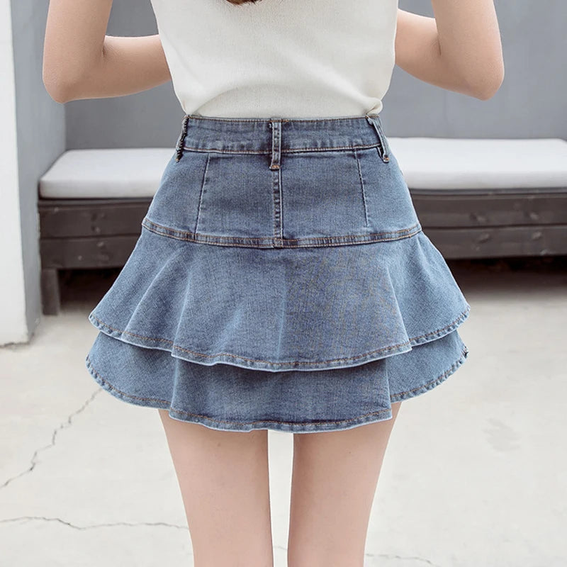 Casual Solid Ruffles High Waist Lined Denim Mini Skirts Mssza