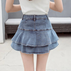 Casual Solid Ruffles High Waist Lined Denim Mini Skirts Mssza