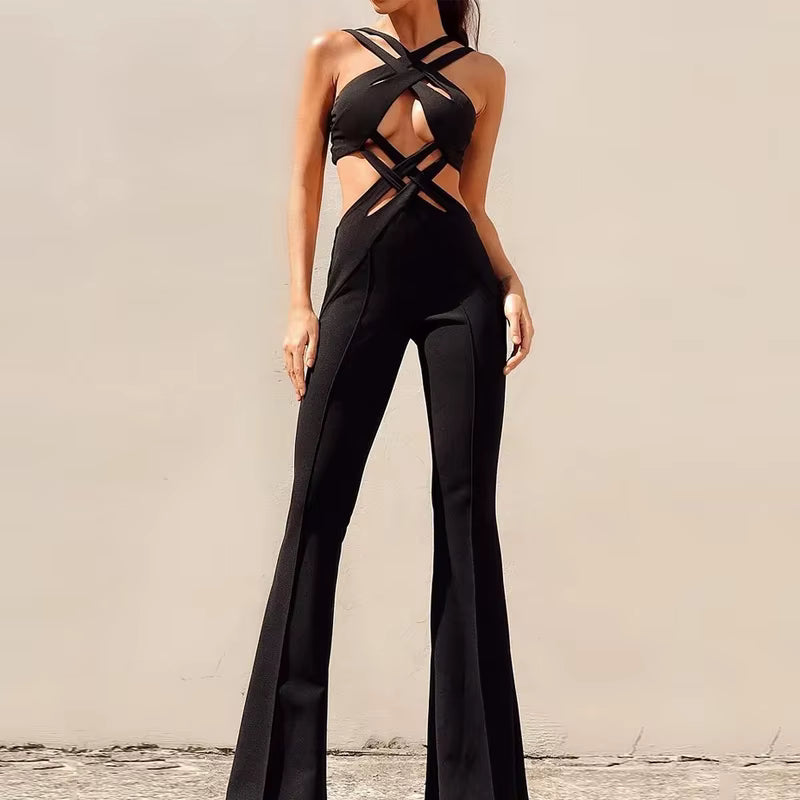 Casual Solid Sleeveless Hollow Out Backless With Button Flare Pants Jumpsuit Mssza