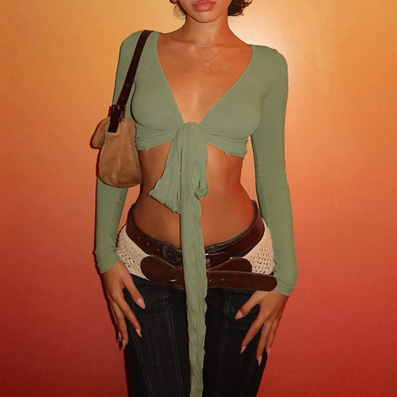 Casual Solid Slim Lace Up Leisure Shirts Long Sleeves V-neck Chic Basics Tops Mssza