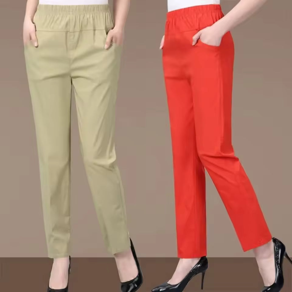 Casual Solid Straight Cotton Elastic Waist Ankle-Length Pants Mssza