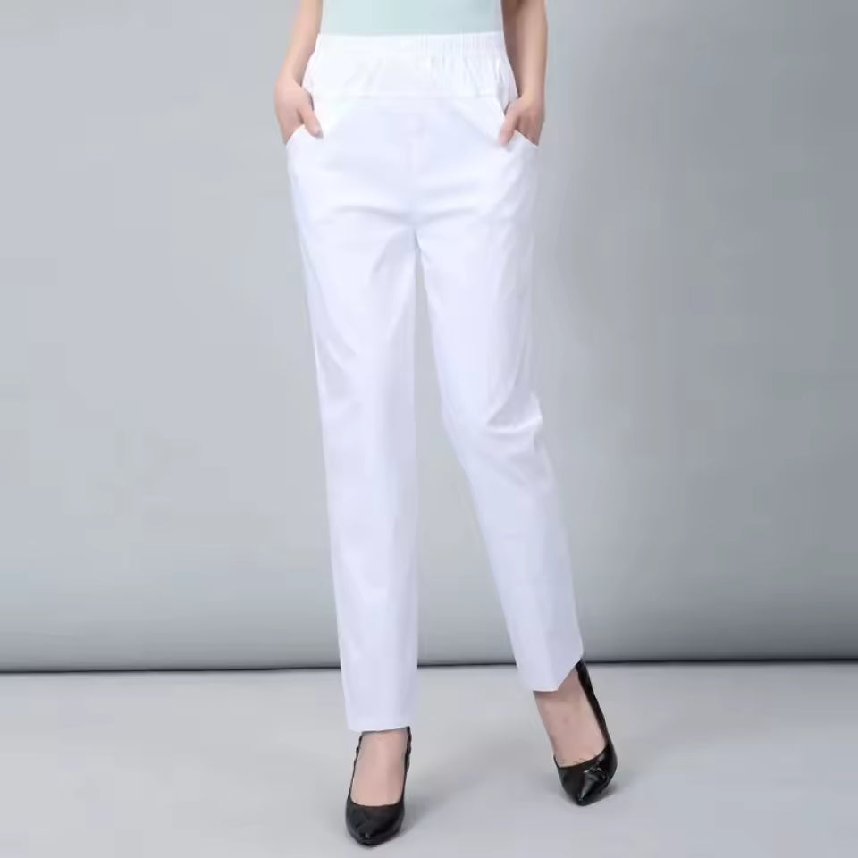 Casual Solid Straight Cotton Elastic Waist Ankle-Length Pants Mssza