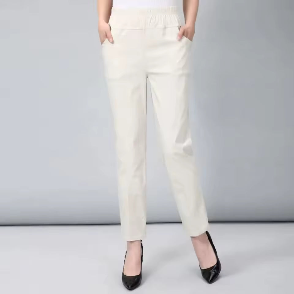 Casual Solid Straight Cotton Elastic Waist Ankle-Length Pants Mssza