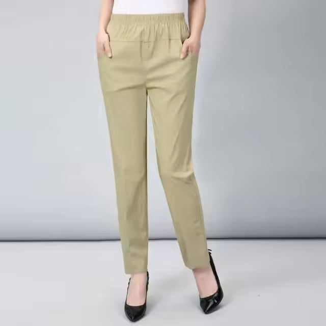 Casual Solid Straight Cotton Elastic Waist Ankle-Length Pants Mssza