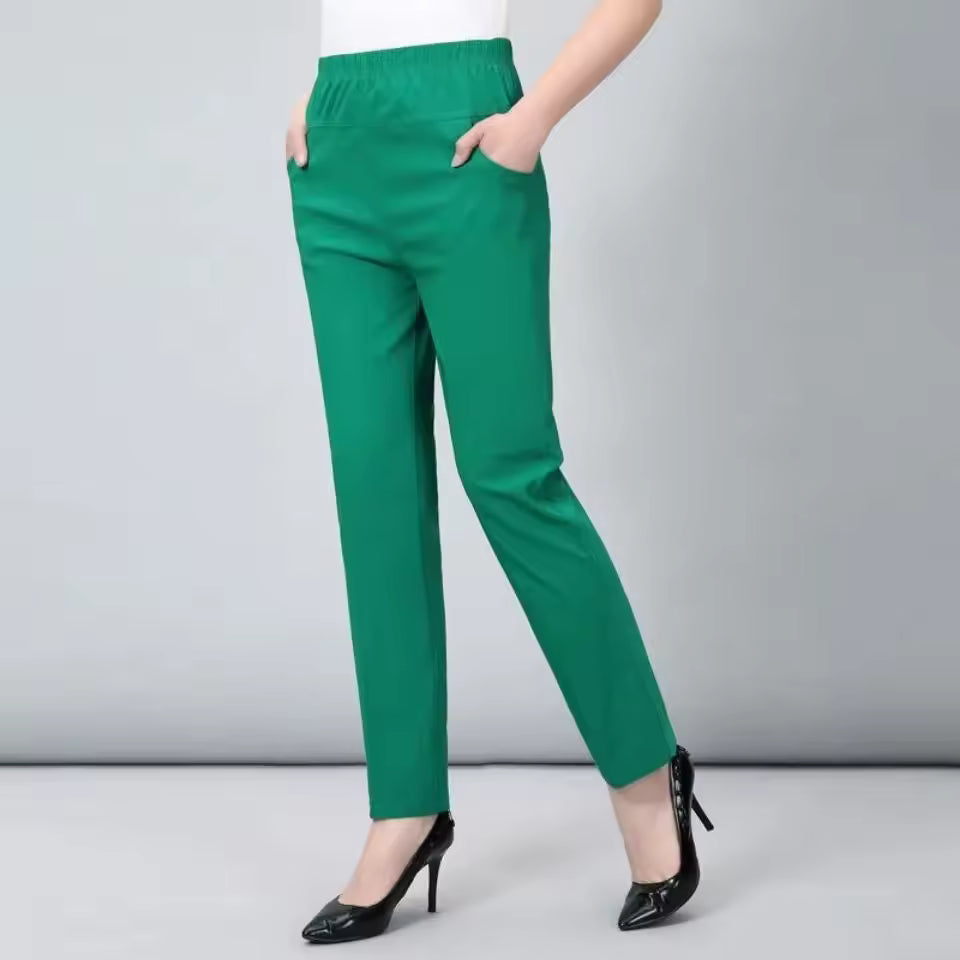 Casual Solid Straight Cotton Elastic Waist Ankle-Length Pants Mssza