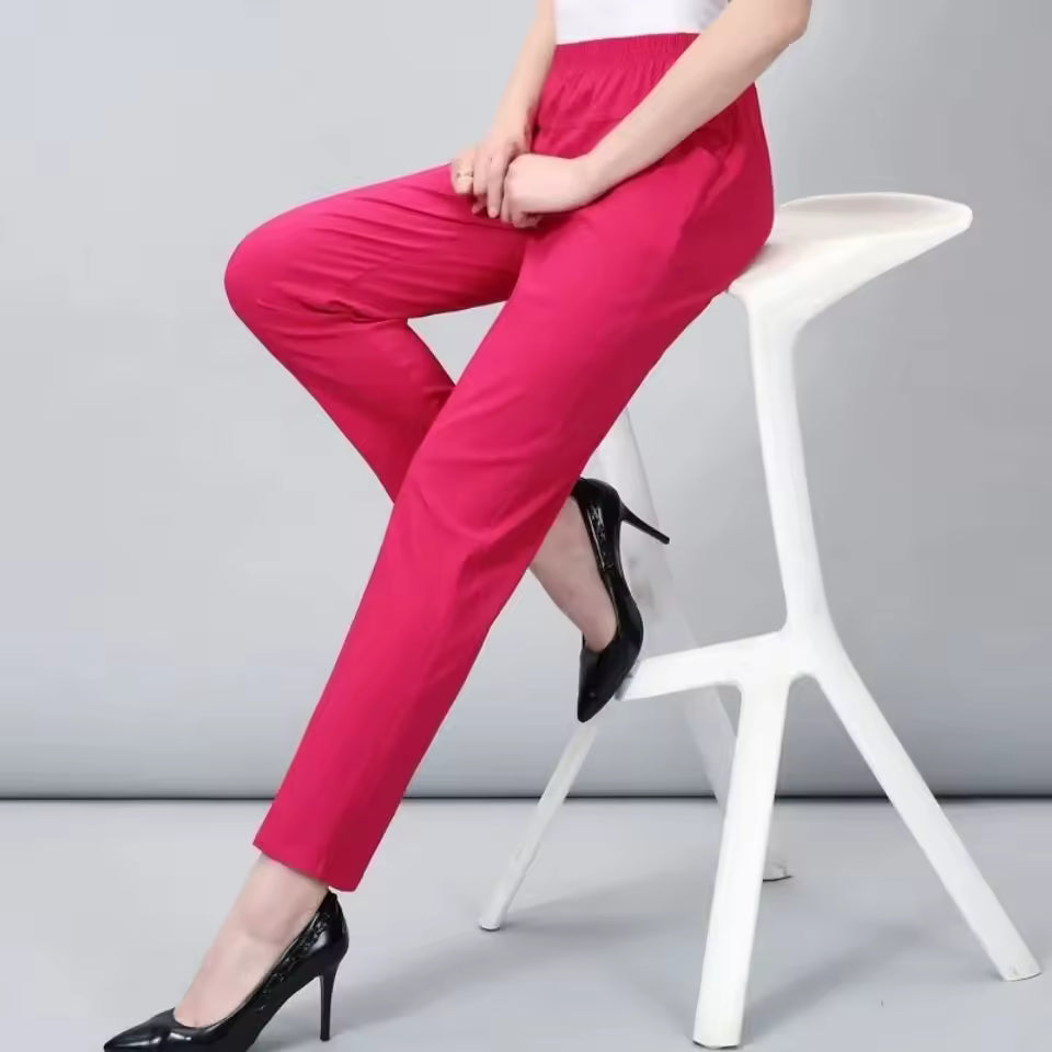 Casual Solid Straight Cotton Elastic Waist Ankle-Length Pants Mssza