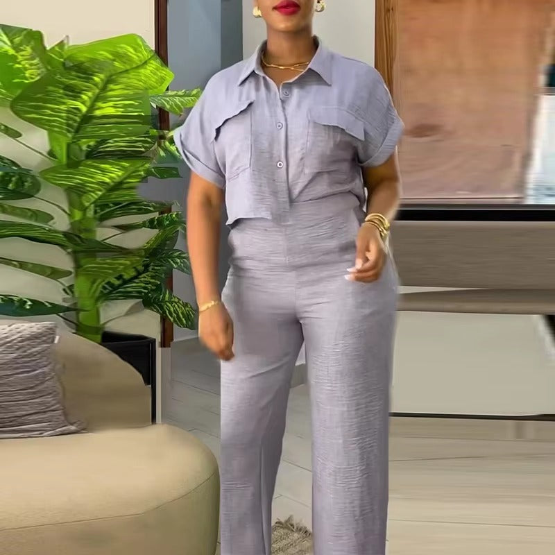Casual Solid Turn-down Neck Short Sleeve Loose Top Wide Leg Pants Streetwear Two Piece Sets Mssza