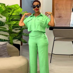 Casual Solid Turn-down Neck Short Sleeve Loose Top Wide Leg Pants Streetwear Two Piece Sets Mssza