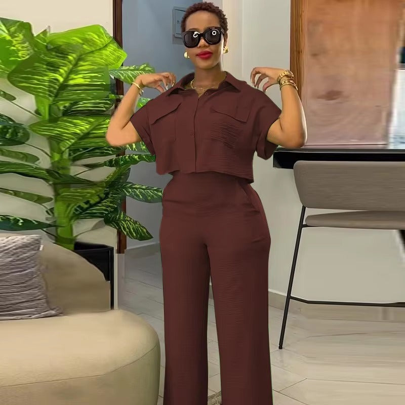 Casual Solid Turn-down Neck Short Sleeve Loose Top Wide Leg Pants Streetwear Two Piece Sets Mssza