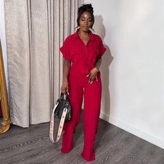 Casual Solid Turn-down Neck Short Sleeve Loose Top Wide Leg Pants Streetwear Two Piece Sets Mssza