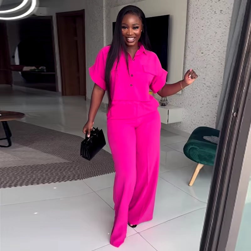 Casual Solid Turn-down Neck Short Sleeve Loose Top Wide Leg Pants Streetwear Two Piece Sets Mssza