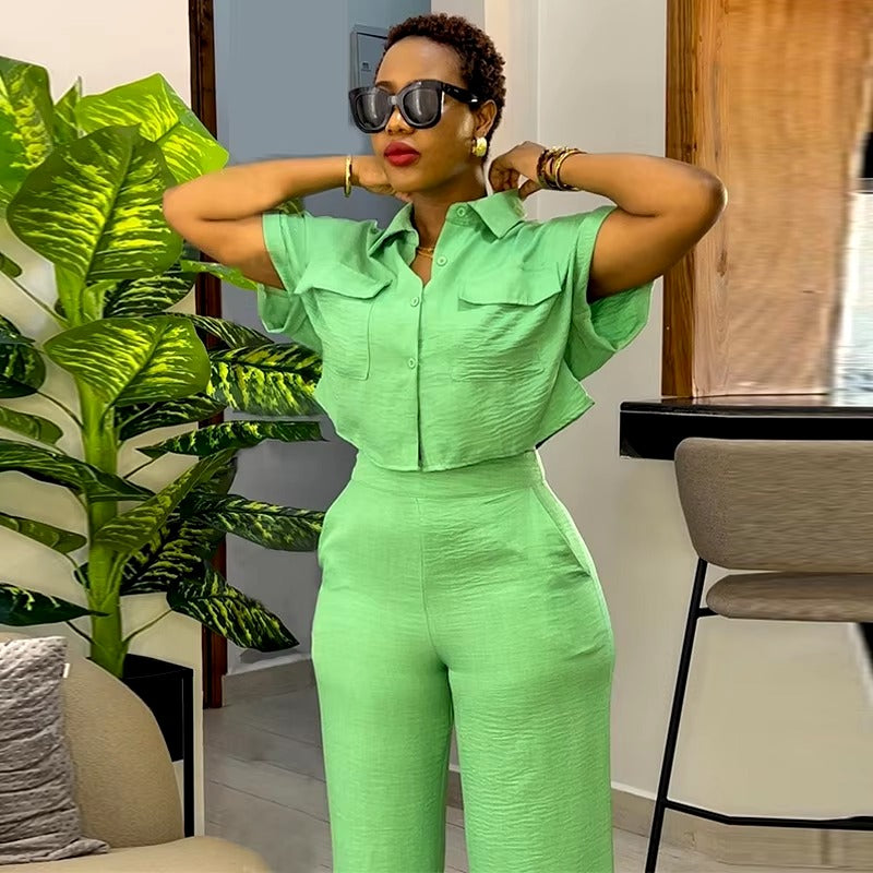 Casual Solid Turn-down Neck Short Sleeve Loose Top Wide Leg Pants Streetwear Two Piece Sets Mssza