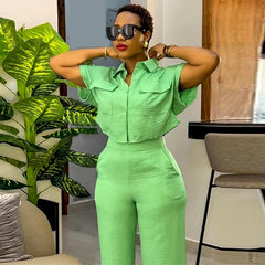 Casual Solid Turn-down Neck Short Sleeve Loose Top Wide Leg Pants Streetwear Two Piece Sets Mssza