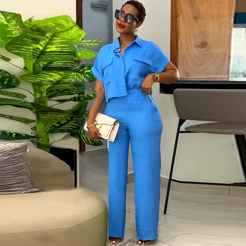 Casual Solid Turn-down Neck Short Sleeve Loose Top Wide Leg Pants Streetwear Two Piece Sets Mssza