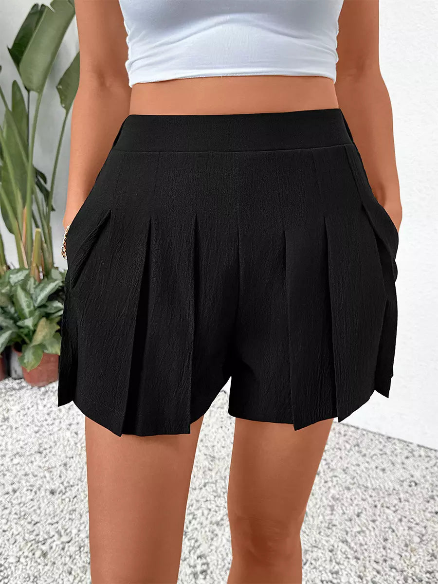 Casual Solid Zipper Fly Straight Pleated High-Waist Shorts Mssza