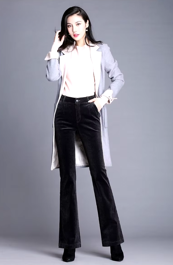 Casual Solid button fly High Waisted Slim Thicken Wide Leg Micro Horn Pants Mssza
