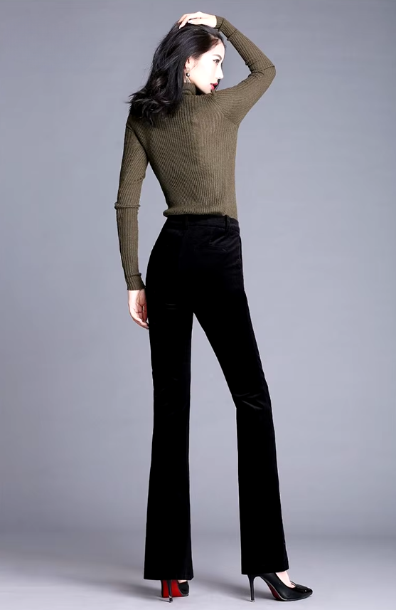 Casual Solid button fly High Waisted Slim Thicken Wide Leg Micro Horn Pants Mssza