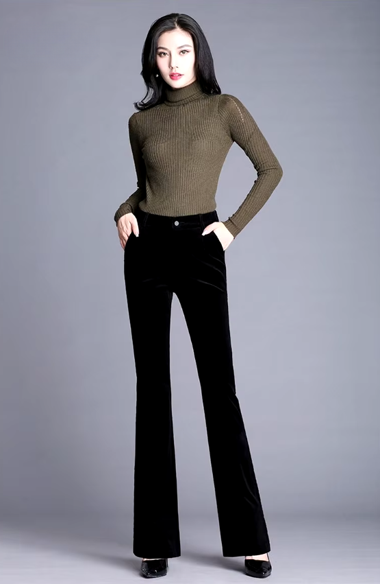 Casual Solid button fly High Waisted Slim Thicken Wide Leg Micro Horn Pants Mssza