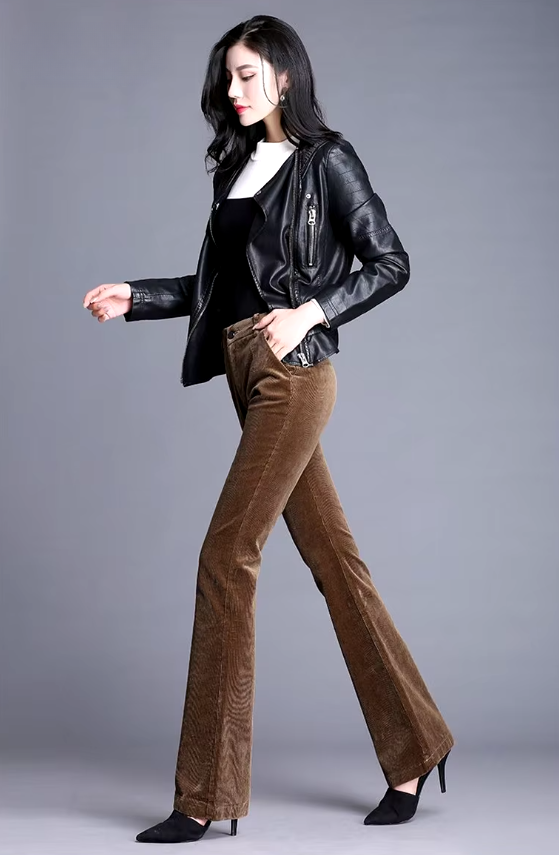 Casual Solid button fly High Waisted Slim Thicken Wide Leg Micro Horn Pants Mssza