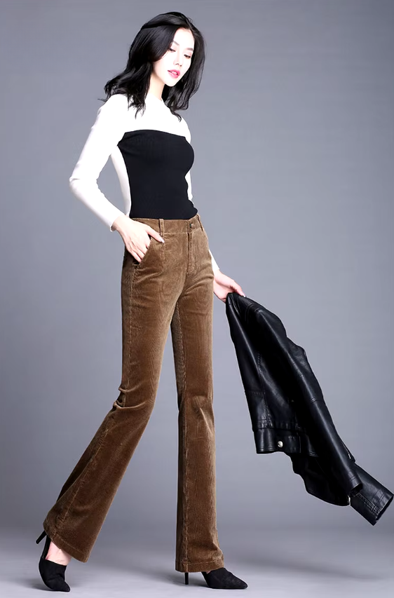 Casual Solid button fly High Waisted Slim Thicken Wide Leg Micro Horn Pants Mssza