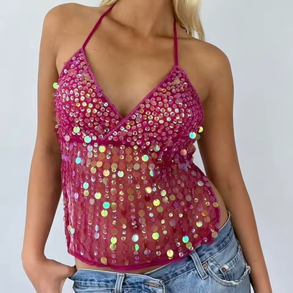 Casual Sparkle Backless Sequin Halter Sleeveless Deep V Neck Glitter Tank Top Mssza