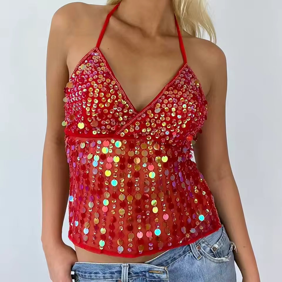 Casual Sparkle Backless Sequin Halter Sleeveless Deep V Neck Glitter Tank Top Mssza