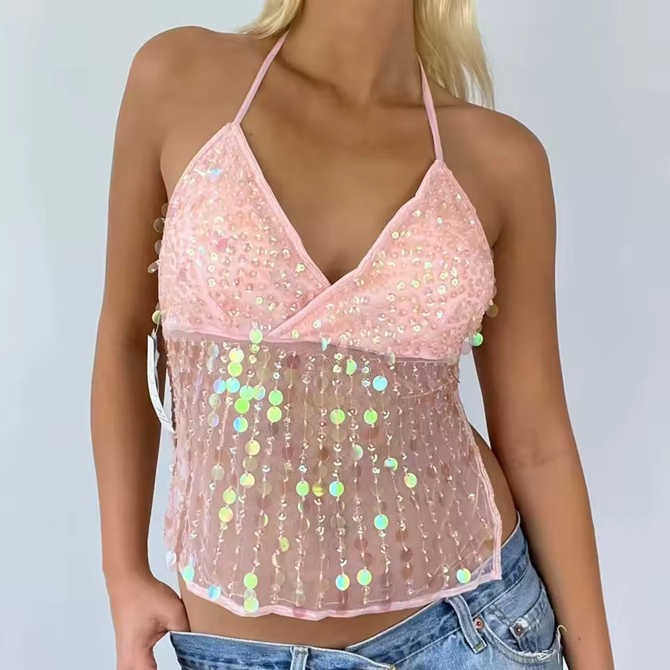 Casual Sparkle Backless Sequin Halter Sleeveless Deep V Neck Glitter Tank Top Mssza