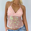 Casual Sparkle Backless Sequin Halter Sleeveless Deep V Neck Glitter Tank Top Mssza