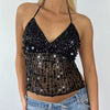 Casual Sparkle Backless Sequin Halter Sleeveless Deep V Neck Glitter Tank Top Mssza
