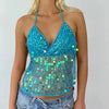 Casual Sparkle Backless Sequin Halter Sleeveless Deep V Neck Glitter Tank Top Mssza