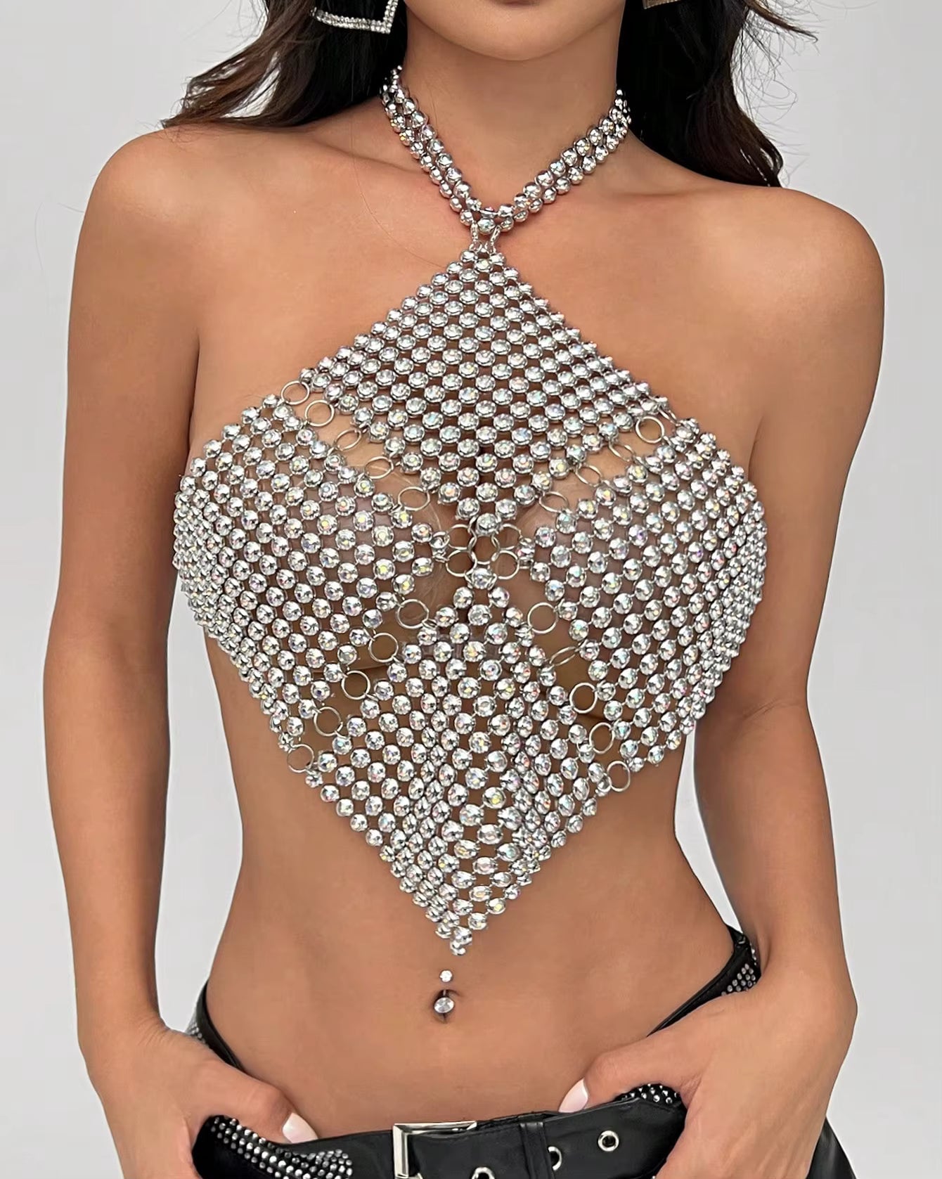 Casual Sparkly Crystal Hollow Out Backless Halter Neck Crop Top Mssza