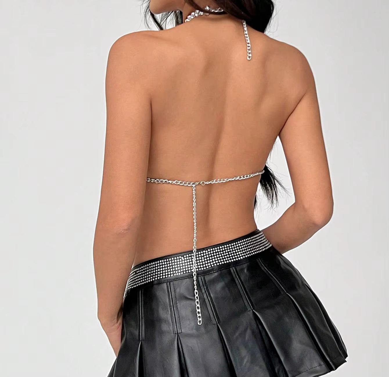 Casual Sparkly Crystal Hollow Out Backless Halter Neck Crop Top Mssza
