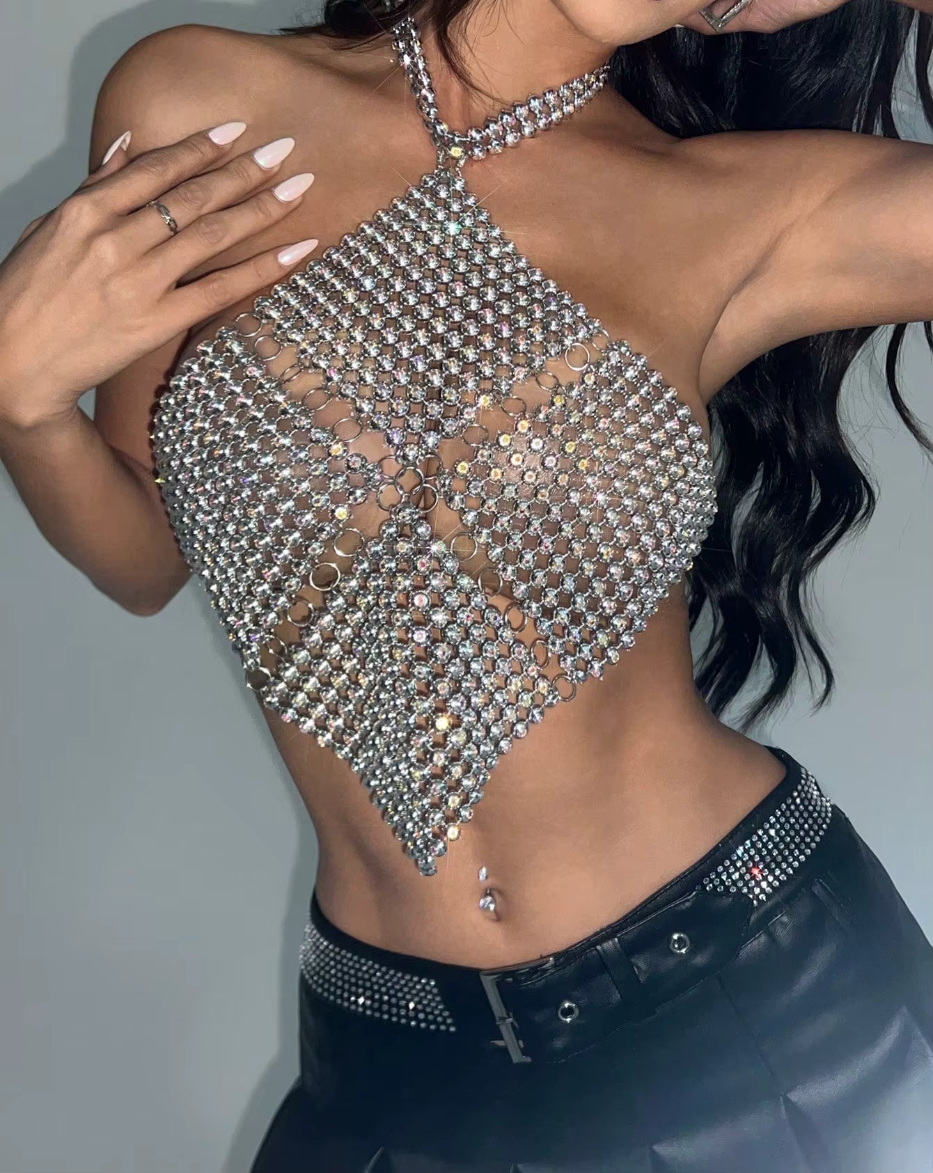 Casual Sparkly Crystal Hollow Out Backless Halter Neck Crop Top Mssza