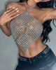 Casual Sparkly Crystal Hollow Out Backless Halter Neck Crop Top Mssza