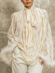 Casual Spliced Feathers High Street Stand Collar Long Sleeve Patchwork Lace Up Blouse Shirts Mssza