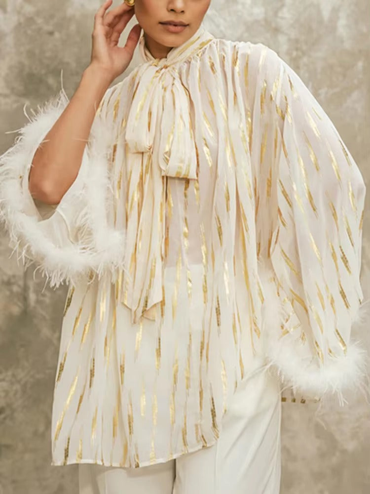 Casual Spliced Feathers High Street Stand Collar Long Sleeve Patchwork Lace Up Blouse Shirts Mssza