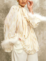 Casual Spliced Feathers High Street Stand Collar Long Sleeve Patchwork Lace Up Blouse Shirts Mssza
