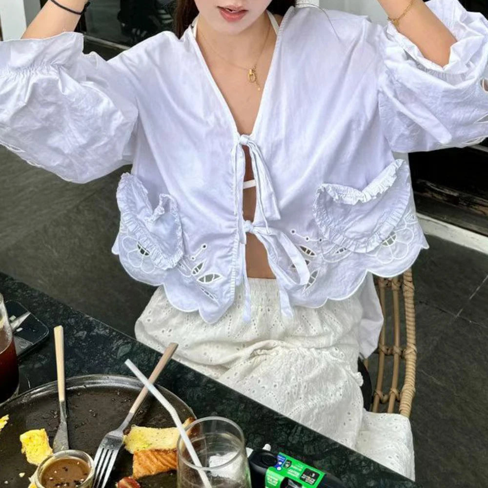 Casual Spliced Pocket V Neck Long Sleeve Loose Office Lady Shirts Mssza