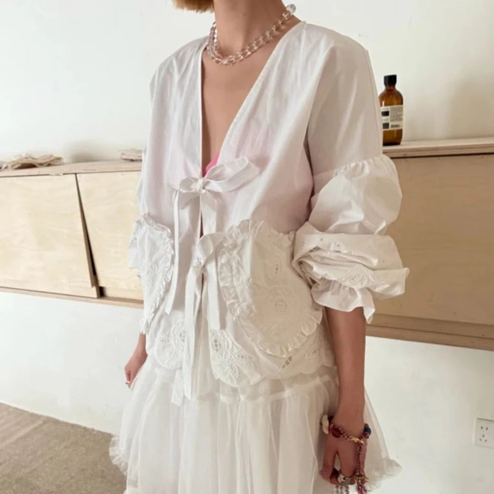Casual Spliced Pocket V Neck Long Sleeve Loose Office Lady Shirts Mssza