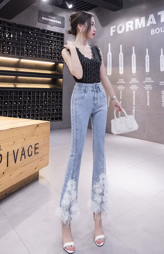 Casual Split Beading High Waist Three-dimensional Flower Stretch Denim Flared Pants Mssza