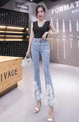 Casual Split Beading High Waist Three-dimensional Flower Stretch Denim Flared Pants Mssza