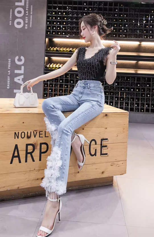 Casual Split Beading High Waist Three-dimensional Flower Stretch Denim Flared Pants Mssza