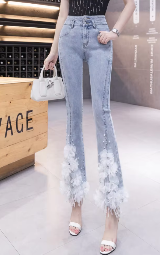 Casual Split Beading High Waist Three-dimensional Flower Stretch Denim Flared Pants Mssza