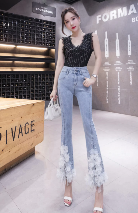 Casual Split Beading High Waist Three-dimensional Flower Stretch Denim Flared Pants Mssza