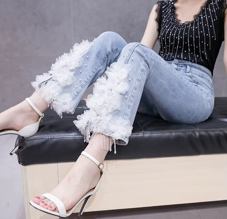 Casual Split Beading High Waist Three-dimensional Flower Stretch Denim Flared Pants Mssza