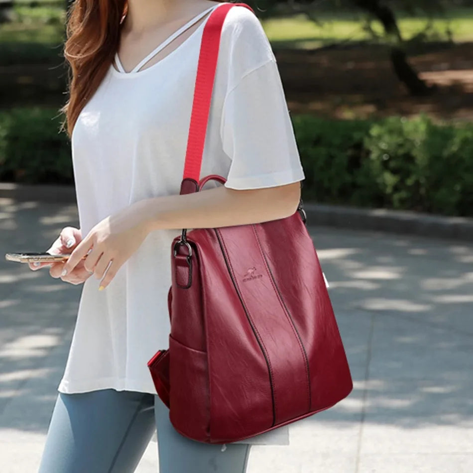Casual Split Leather Solid High Capacity Travel Anti-theft Leather School Shoulder Backpack Mssza
