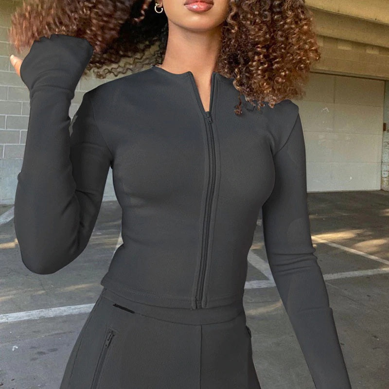 Casual Split Long Sleeve Crop Top Long Pants Two Piece Sets Mssza