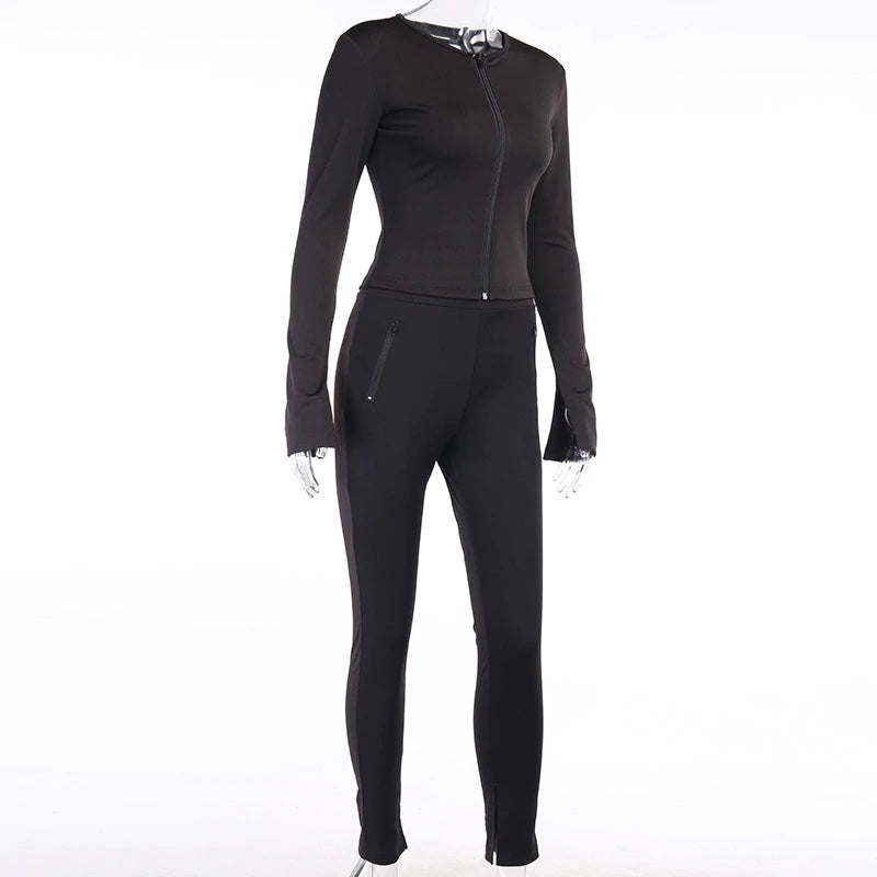 Casual Split Long Sleeve Crop Top Long Pants Two Piece Sets Mssza