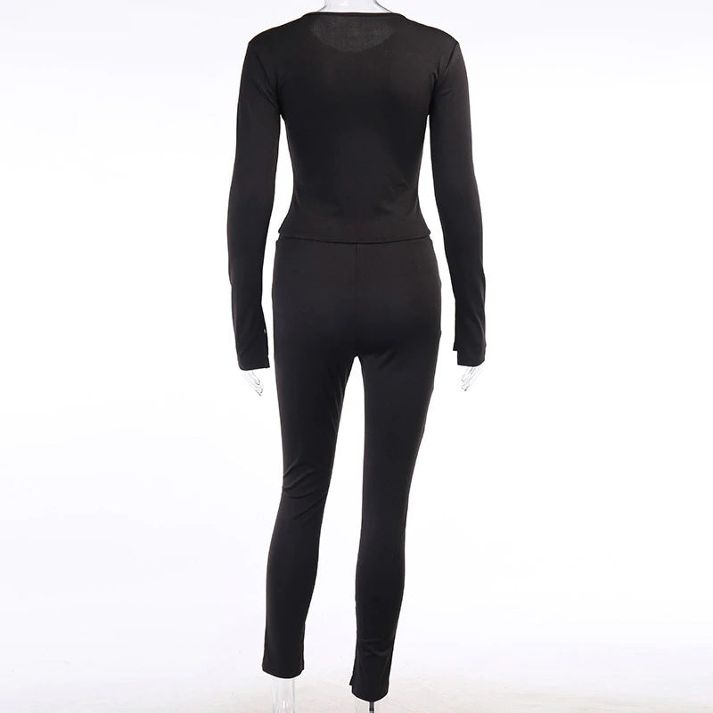Casual Split Long Sleeve Crop Top Long Pants Two Piece Sets Mssza